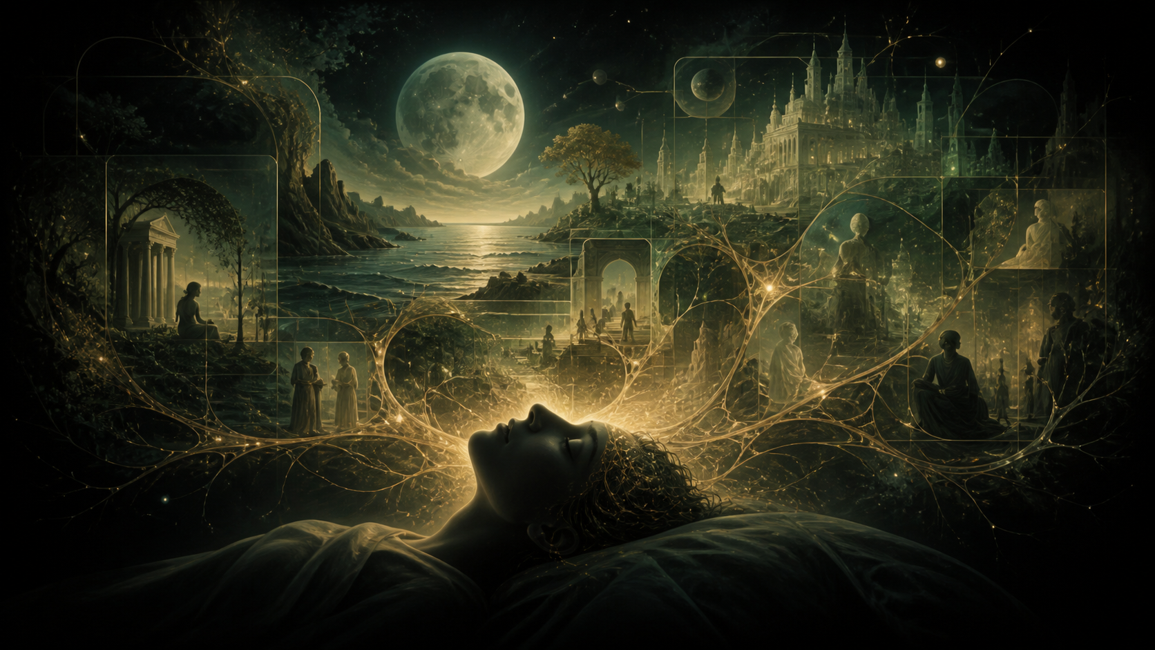 A sleeping person and a dream world generated by the mind